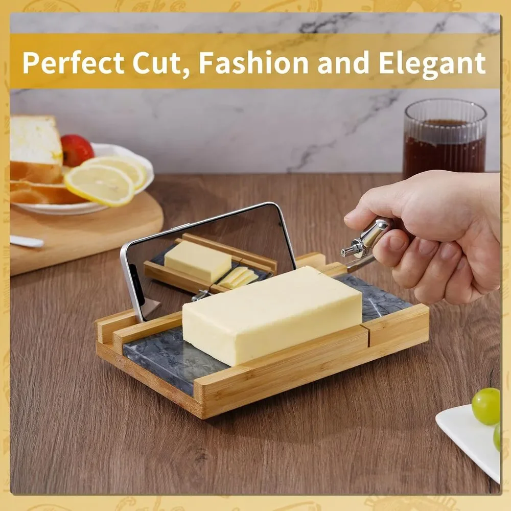 Bamboo & Marble Cheese Slicer w/ 4 Wires | Heavy Duty Butter Cutter Board Stand